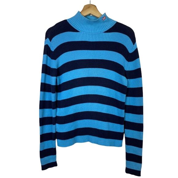 Vintage Polo‎ Jeans Co Ralph Lauren Sweater Womens L Blue Stripe Mock Neck Flag - Picture 1 of 5